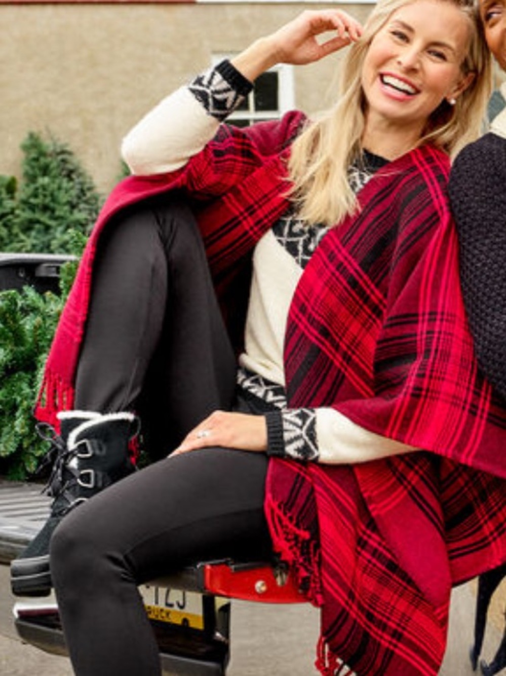 Talbots Red and Black Plaid Wool Blend Poncho with Fringe One Size - Picture 4 of 10